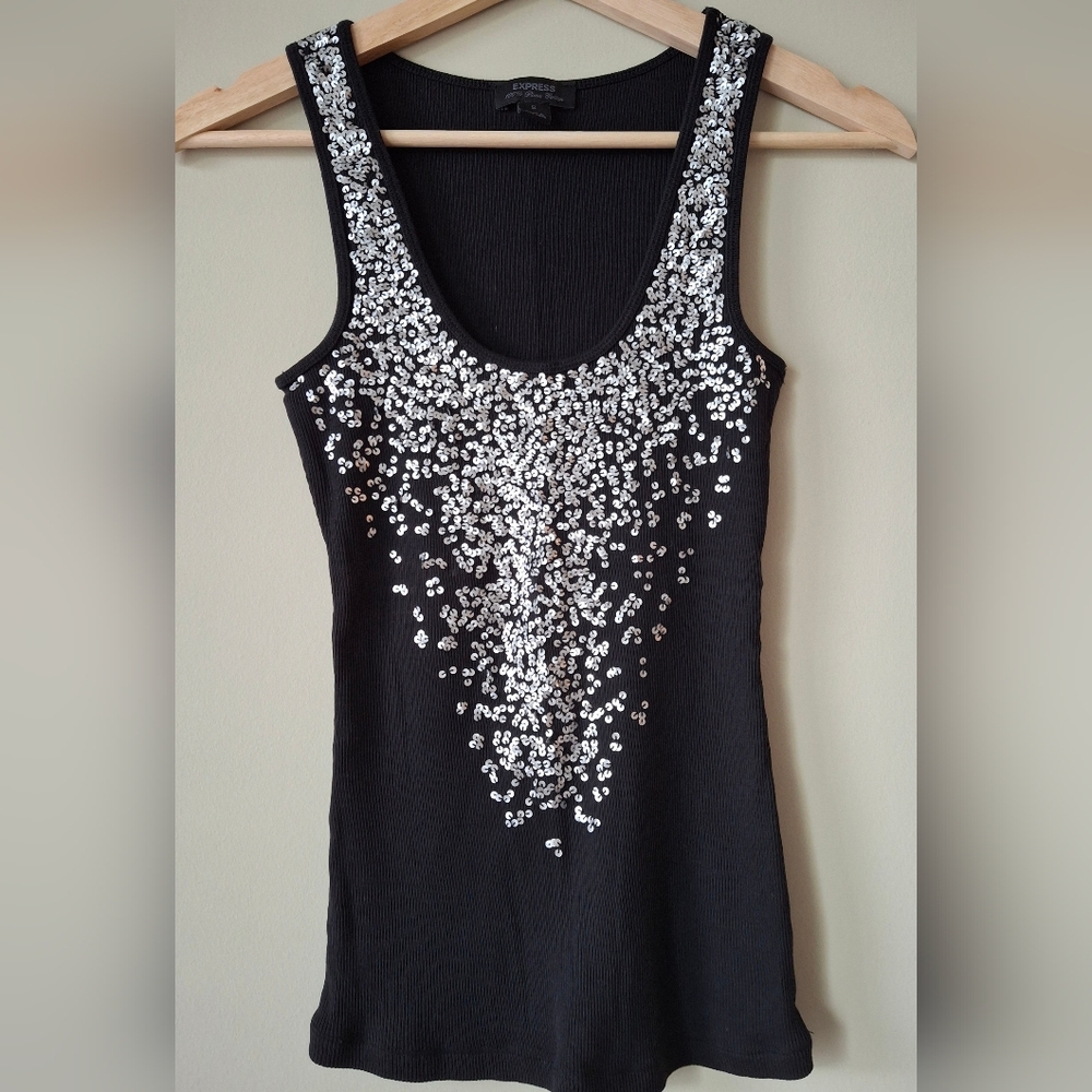 Express Black Sequin Fitted Tank Top - S